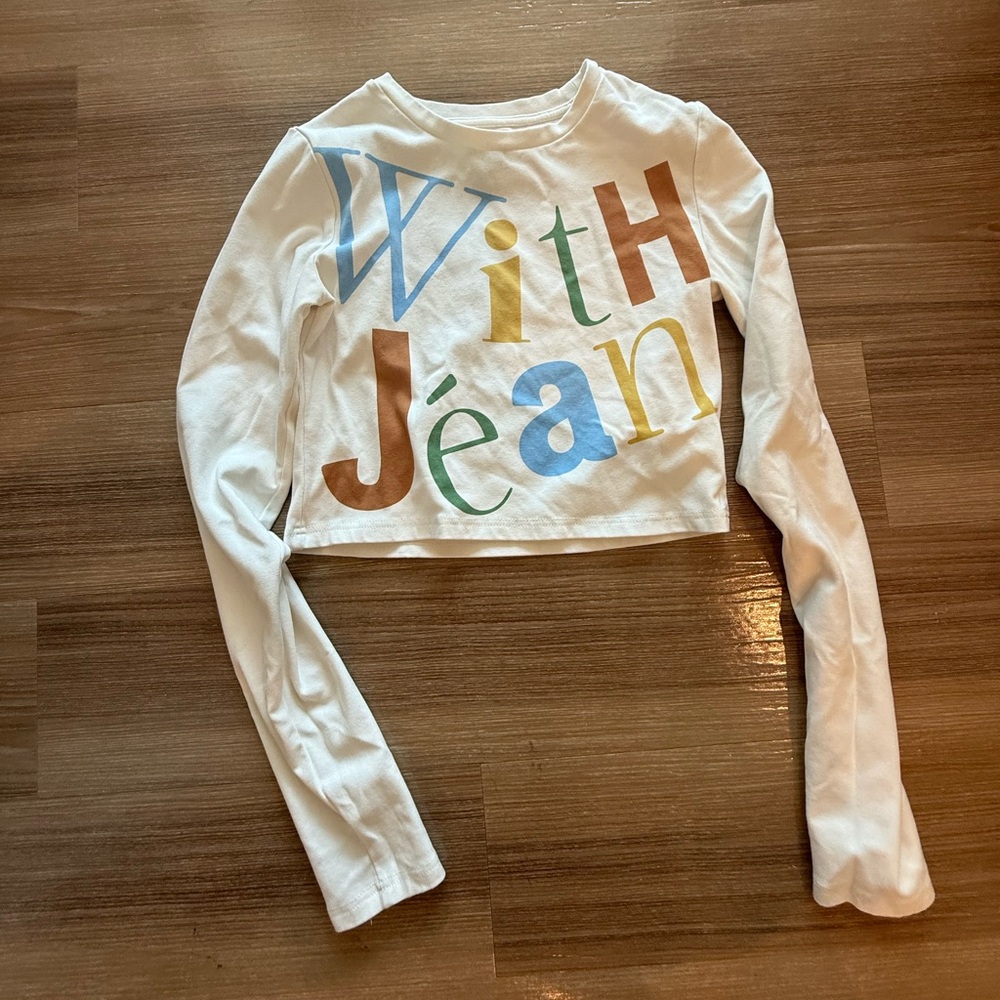 With Jean White Long Sleeve Tee with Multicolor Letters
